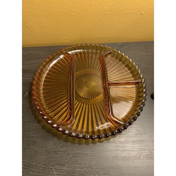 Old Indiana Colony Glass Amber Ribbed 4 Section Divided 10" Serving Plate Tray - Picture 1 of 6